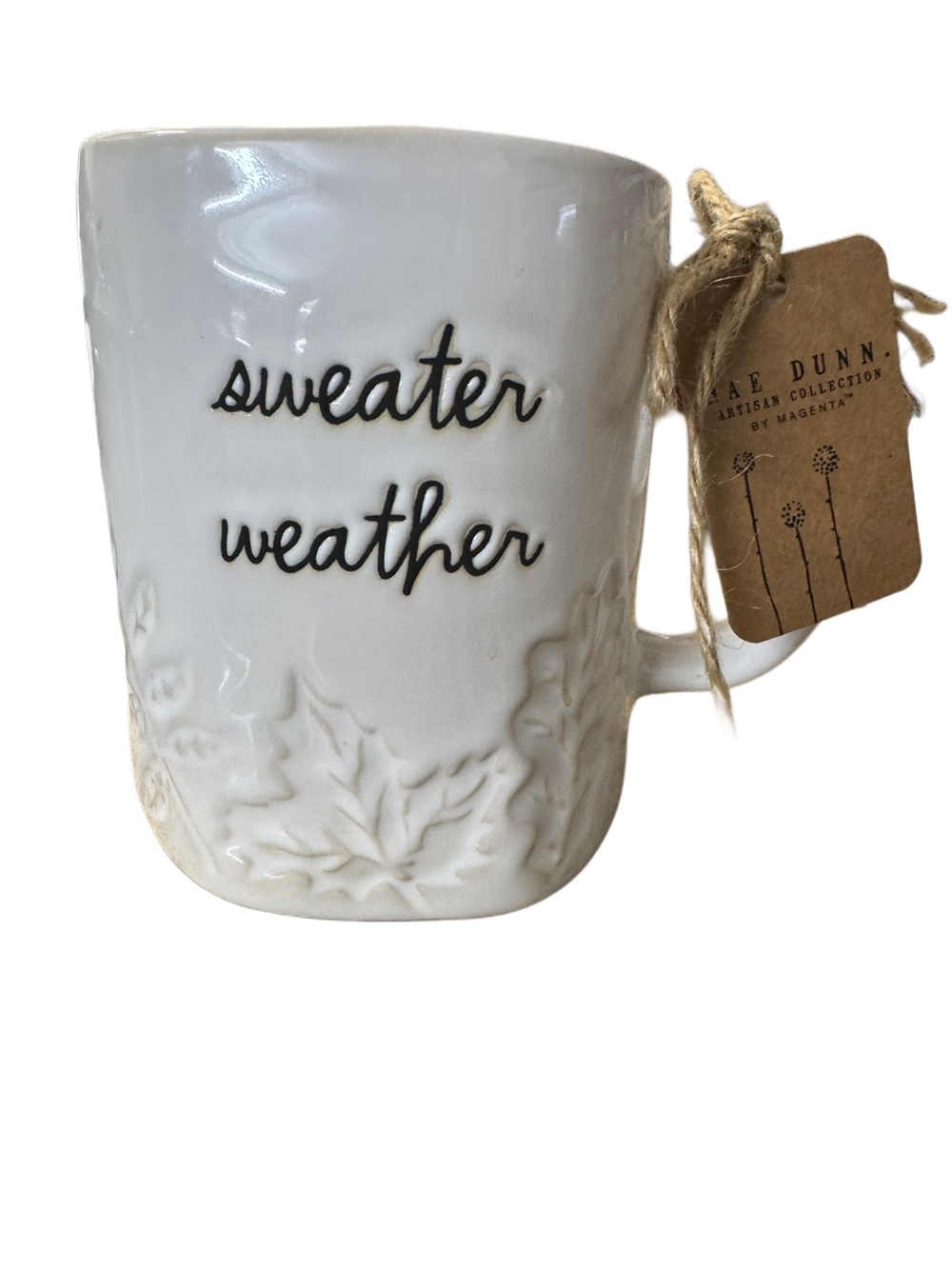 Rae Dunn White Mug with Raised Leaf Detail and 'sweater weather' Text